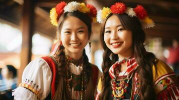 souriant Jeune femmes dans traditionnel Vêtements célébrer photo