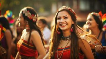 souriant Jeune femmes dans traditionnel Vêtements célébrer photo