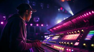 du son ingénieur ajustement mixer boutons dans boîte de nuit photo