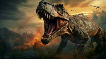 effrayant dinosaure rugissement dans préhistorique ère photo
