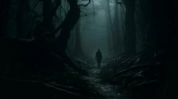 effrayant un la personne en marchant dans foncé forêt photo
