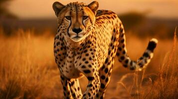 Pointé guépard en marchant majestueusement dans africain savane photo