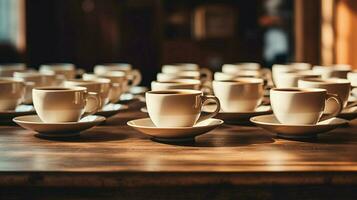 empiler de café tasses dans une rangée sur table non gens photo