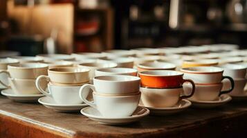 empiler de café tasses dans une rangée sur table non gens photo