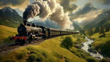 vapeur train chugs par rural flanc de montagne paysage photo