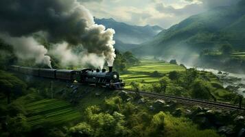 vapeur train chugs par rural flanc de montagne paysage photo