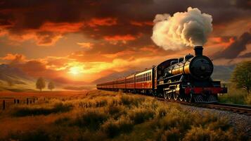 vapeur train vitesses par rural le coucher du soleil paysage photo