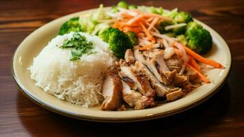 à la vapeur riz porc et des légumes sur une assiette photo