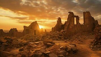 le coucher du soleil plus de ancien africain exploitation minière ruines Stupéfiant photo
