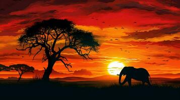 le coucher du soleil silhouette africain l'éléphant au milieu de savane photo