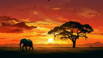 le coucher du soleil silhouette africain l'éléphant au milieu de savane photo