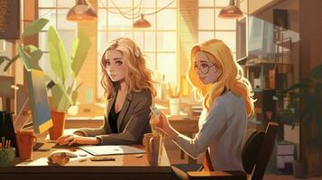 deux Jeune adulte caucasien femmes un blond à l'intérieur travail photo