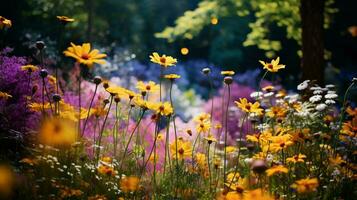 vibrant fleurs sauvages Prairie dans été avec Jaune et violet photo