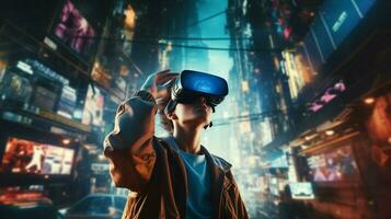 Jeune adulte en jouant futuriste virtuel réalité Jeu photo