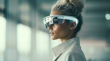 Jeune adulte portant futuriste intelligent des lunettes à l'intérieur photo