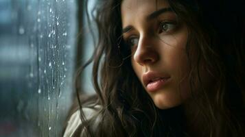 Jeune adulte femme à la recherche par fenêtre goutte de pluie réfléchir photo
