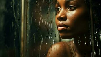 Jeune africain femme à la recherche en dehors de une pluie trempé fenêtre photo