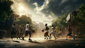 Jeune les athlètes en jouant basketball en plein air avec copains photo