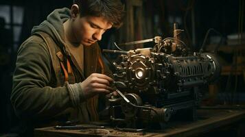 Jeune caucasien homme réparer métal équipement à l'intérieur photo