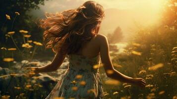 Jeune femme jouit le beauté de la nature dans une rural scène photo