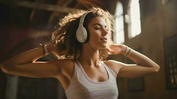 Jeune femme exercice écoute avec écouteurs dansant photo