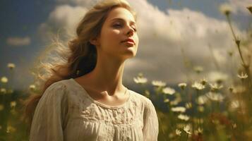 Jeune femme dans une Prairie profiter la nature beauté photo