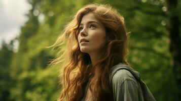 Jeune femme dans forêt beauté dans la nature à la recherche une façon photo