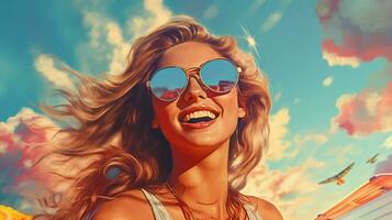 Jeune femme dans des lunettes de soleil jouit été vacances photo