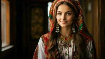 Jeune femme dans traditionnel Vêtements souriant magnifiquement photo