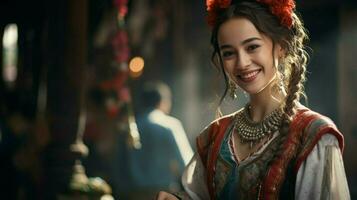Jeune femme dans traditionnel Vêtements souriant magnifiquement photo