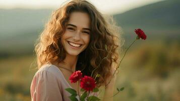 Jeune femme en plein air souriant à la recherche à caméra en portant photo