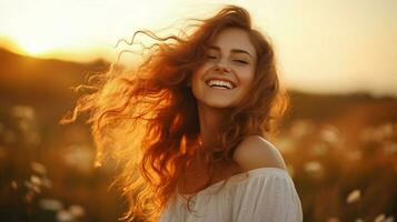 Jeune femme souriant dans la nature à le coucher du soleil photo