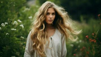Jeune femme avec longue blond cheveux profiter le en plein air photo