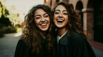 Jeune femmes souriant dans l'obtention du diplôme robe fête photo