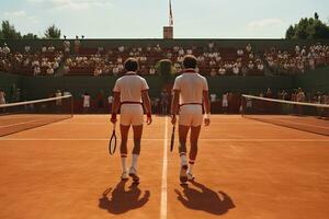 arrière vue de deux tennis joueurs dans action pendant rencontre sur tennis rechercher, femelle tennis joueurs jouant, arrière voir, ai généré photo