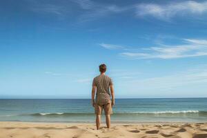 arrière vue de Jeune homme permanent sur plage et à la recherche à mer, Masculin touristique permanent dans de face de une sablonneux plage et en train de regarder le mer, arrière voir, plein corps, ai généré photo