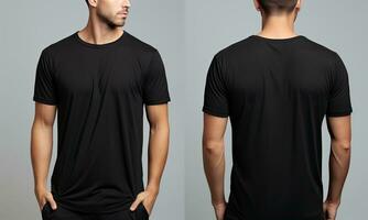 de face et retour vue de homme dans Vide noir t chemise isolé sur gris, Masculin modèle portant une noir Couleur henley T-shirt sur une blanc arrière-plan, de face vue et retour voir, Haut section tondu, ai généré photo