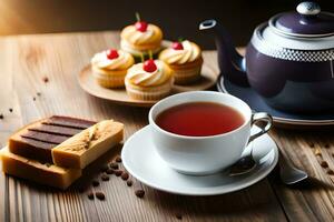 tasse de thé et Gâteaux sur en bois tableau. généré par ai photo