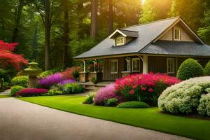 magnifique jardin avec maison et fleurs dans le Matin. généré par ai photo