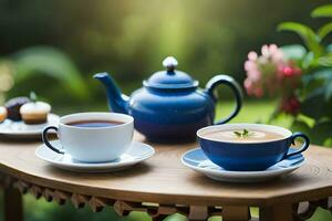 thé et petits gâteaux sur une en bois table dans le jardin. généré par ai photo