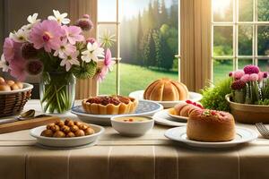 une table avec divers des pâtisseries et fleurs. généré par ai photo