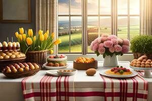 une table avec nourriture et fleurs dans de face de une la fenêtre. généré par ai photo