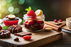 divers des chocolats et bonbons dans une pot sur une tableau. généré par ai photo