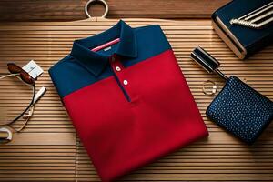 une rouge et bleu polo chemise avec des lunettes de soleil et une portefeuille. généré par ai photo