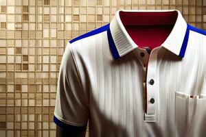 une blanc polo chemise avec bleu et rouge garniture. généré par ai photo