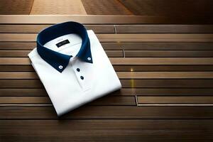 une blanc chemise et bleu collier sur une en bois sol. généré par ai photo