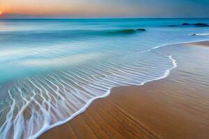 une magnifique le coucher du soleil plus de le océan avec vagues. généré par ai photo