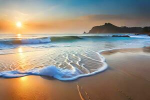 le coucher du soleil sur le plage avec vagues et sable. généré par ai photo