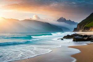 une magnifique plage avec vagues et montagnes à le coucher du soleil. généré par ai photo