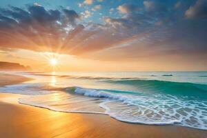 le coucher du soleil sur le plage avec vagues et Soleil. généré par ai photo